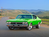 AUT 22 RK3041 01
1968 Chevrolet Chevelle SS 396 Yellow 3/4 Front View On Road By Grassy Hills