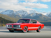 AUT 22 RK3051 01
1968 Plymouth Barracuda Red 3/4 Front View On Pavement By School Building