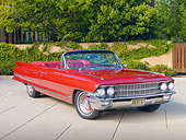 AUT 22 RK3055 01
1962 Cadillac Series 62 Convertible Red 3/4 Front View On Pavement By Wall And Trees