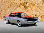 AUT 22 RK3067 01
1969 Chevrolet Camaro Pro Street Red, Black And Silver 3/4 Front View On Pavement By Cliffside