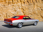AUT 22 RK3068 01
1969 Chevrolet Camaro Pro Street Red, Black And Silver 3/4 Rear View On Pavement By Cliffside