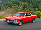 AUT 22 RK3078 01
1966 Chevrolet Chevelle Red 3/4 Front View On Pavement By Hill And Trees