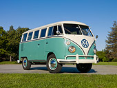 AUT 22 RK3093 01
1963 VW Deluxe Bus Turquoise And White 3/4 Front View On Pavement By Grass And Trees