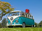 AUT 22 RK3095 01
1967 VW 21 Window Bus Aqua Green And White 3/4 Front View On Grass