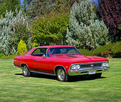 AUT 22 RK3140 01
1966 Chevrolet Chevelle SS 396 Red 3/4 Front View On Grass By Trees