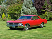 AUT 22 RK3143 01
1966 Chevrolet Chevelle SS 396 Red 3/4 Front View On Grass By Trees