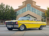 AUT 22 RK3162 01
1963 Chevrolet Nova SS Convertible Yellow With Black Stripes 3/4 Front View On Pavement By Building