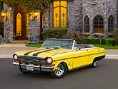 AUT 22 RK3163 01
1963 Chevrolet Nova SS Convertible Yellow With Black Stripes 3/4 Front View On Pavement By House