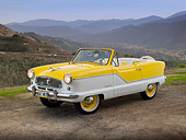 AUT 22 RK3165 01
1960 Nash Metropolitan Yellow And White 3/4 Front View On Gravel By Hills