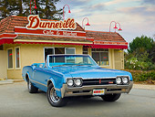 AUT 22 RK3170 01
1966 Oldsmobile 442 Light Blue 3/4 Front View On Pavement By Cafe
