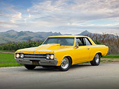 AUT 22 RK3177 01
1965 Oldsmobile Cutlass Yellow 3/4 Front View On Gravel By Grass Field And Hills