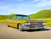 AUT 22 RK3186 01
1961 Cadillac Coupe de Ville Gold 3/4 Front View On Pavement By Grassy Hills And Wildflowers