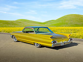 AUT 22 RK3187 01
1961 Cadillac Coupe de Ville Gold 3/4 Rear View On Pavement By Grassy Hills And Wildflowers