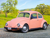 AUT 22 RK3191 01
1968 Volkswagen Bug Pink 3/4 Front View On Gravel By Field