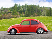 AUT 22 RK3196 01
1967 Volkswagen Bug Red Profile View On Dirt By Grass And Pine Trees