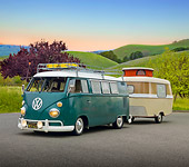 AUT 22 RK3220 01
1965 Volkswagen Single Cab Bus With Puck Trailer Green 3/4 Front View On Pavement By Grassy Hills