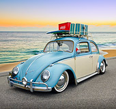 AUT 22 RK3229 01
1965 VW Bug Green And White 3/4 Front View On Pavement By Beach At Dusk