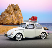 AUT 22 RK3230 01
1966 VW Bug Type I White With Coca-Cola Cooler 3/4 Side View On Pavement By Beach And Rock