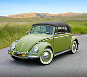 AUT 22 RK3232 01
1965 Volkswagen Bug Convertible Green 3/4 Front View On Pavement By Meadow