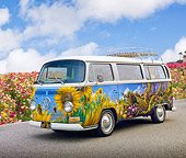 AUT 22 RK3235 01
1968 VW Transporter Bus Sunflower Mural 3/4 Front View On Pavement By Flowers