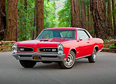 AUT 22 RK3264 01
1966 Pontiac GTO Red 3/4 Front View On Road By Redwood Trees