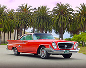AUT 22 RK3278 01
1961 Chrysler 300G Red 3/4 Front View On Pavement By Palm Trees
