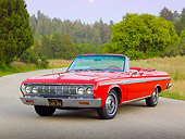 AUT 22 RK3290 01
1964 Plymouth Sport Fury Convertible Red 3/4 Front View On Road By Evergreen Trees