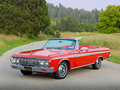 AUT 22 RK3291 01
1964 Plymouth Sport Fury Convertible Red 3/4 Front View On Road By Evergreen Trees