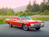 AUT 22 RK3294 01
1964 Plymouth Sport Fury Convertible Red 3/4 Front View On Pavement By Evergreen Trees