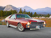 AUT 22 RK3300 01
1969 AMC AMX Candy Tangerine With White Stripes 3/4 Front View On Pavement By Mountains