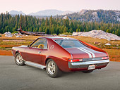 AUT 22 RK3309 01
1969 AMC AMX Candy Tangerine With White Stripes 3/4 Rear View On Pavement By Mountains