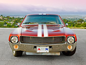 AUT 22 RK3312 01
1969 AMC AMX Candy Tangerine With White Stripes Front View On Pavement Overlooking City