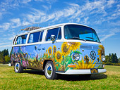 AUT 22 RK3323 01
1968 Volkswagen Transporter Bus With Sunflower Mural 3/4 Front View On Grass