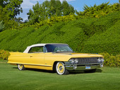 AUT 22 RK3332 01
1961 Cadillac Series 62 Maize Yellow 3/4 Front View On Grass By Shrubs