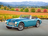 AUT 22 RK3338 01
1966 Austin-Healey 3000 Blue 3/4 Front View On Pavement By Vineyard