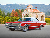 AUT 22 RK3343 01
1965 Buick Wildcat Convertible Red 3/4 Front View On Pavement By Chapel And Trees