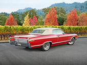 AUT 22 RK3349 01
1965 Buick Wildcat Convertible Red 3/4 Rear View On Pavement By Vineyard And Autumn Trees