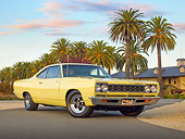 AUT 22 RK3353 01
1968 Plymouth Road Runner Yellow 3/4 Front View On Pavement By Palm Trees