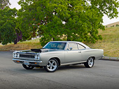 AUT 22 RK3387 01
1968 Plymouth Road Runner Silver 3/4 Front View On Pavement By Trees