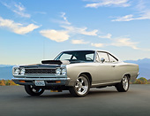 AUT 22 RK3389 01
1968 Plymouth Road Runner Silver 3/4 Front View On Pavement Overlooking Hills