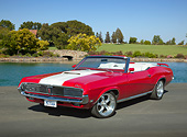 AUT 22 RK3416 01
1969 Mercury Cougar XR-7 Ford Rio Red And Arctic White 3/4 Front View On Pavement By Water