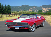 AUT 22 RK3417 01
1969 Mercury Cougar XR-7 Ford Rio Red And Arctic White 3/4 Front View On Pavement By Vineyard