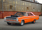 AUT 22 RK3418 01
1966 Plymouth Belvedere II Orange 3/4 Front View On Pavement By Old Factory Building