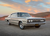 AUT 22 RK3423 01
1966 Dodge Hemi Charger Silver Gray 3/4 Front View On Pavement In Desert At Dusk