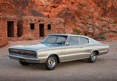 AUT 22 RK3424 01
1966 Dodge Hemi Charger Silver Gray 3/4 Front View On Gravel In Desert