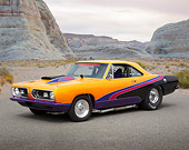 AUT 22 RK3433 01
1967 Plymouth Barracuda Sunrise Pearl 3/4 Front View On Pavement In Desert