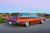 AUT 22 RK3442 01
1960 Chrysler New Yorker Station Wagon Terra Cotta Red 3/4 Rear View On Pavement By Grass At Dusk