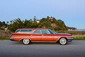 AUT 22 RK3443 01
1960 Chrysler New Yorker Station Wagon Terra Cotta Red Profile View On Pavement By Hills And Bay
