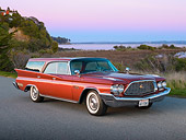 AUT 22 RK3444 01
1960 Chrysler New Yorker Station Wagon Terra Cotta Red 3/4 Front View On Pavement By Bay At Dusk