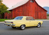 AUT 22 RK3452 01
1965 Dodge Dart Charger Yellow 3/4 Rear View On Pavement By Red Barn